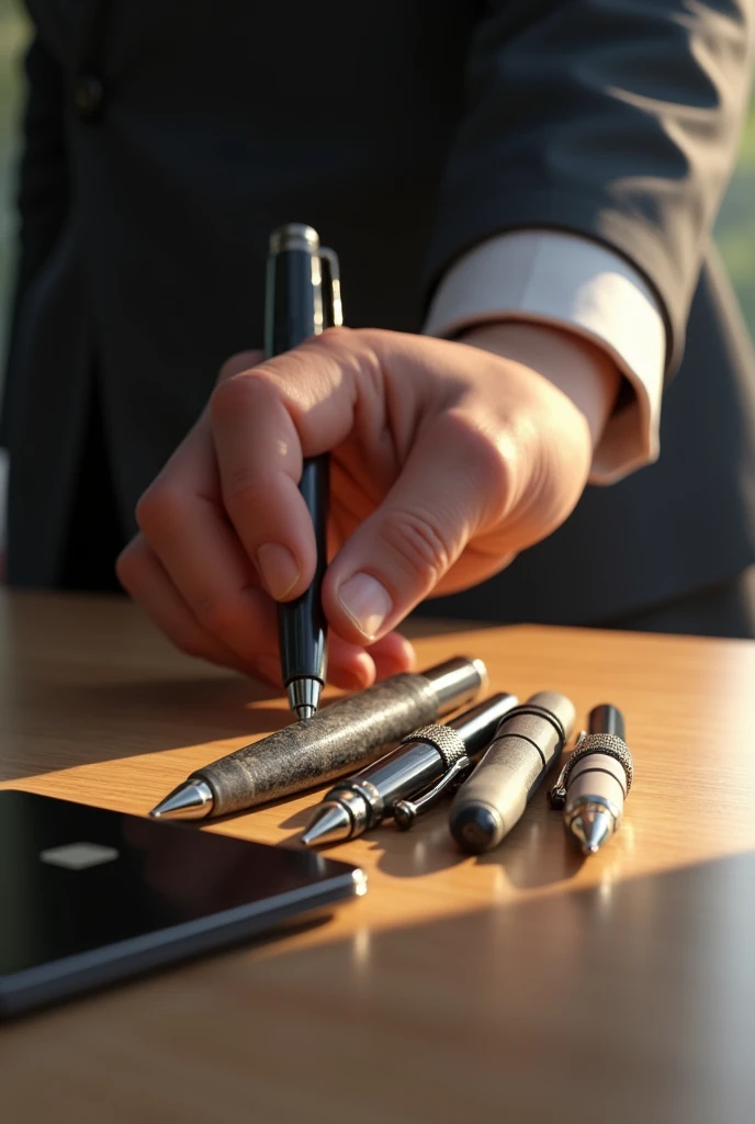 (photorealism:1.2), 2. hand extended on a table where there are several pens , index finger is about to take one