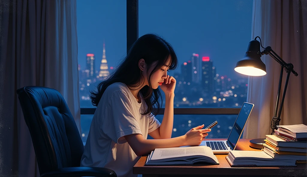 A stunning oil painting of a young beautiful Korean woman using her phone, beautifully portrayed with a lost and melancholic expression. In the soft glow of a study lamp, a she sits in her comfortable chair, surrounded by the organized chaos of study materials. Her desk is cluttered with open books, a laptop, and a mobile phone, each item a tool in her quest for knowledge. The window beside her at a distance, reveals the deep blue of night time, with the city lights faintly glimmering in the distance. The room is bathed in a warm, focused light that contrasts with the cool darkness outside, creating a serene, studious atmosphere., adding to the sense of unease. The painting exhibits a dream-like, impressionistic style, with visible brushstrokes that create a sense of depth and texture. The color palette primarily consists of deep purples, greys, and blacks, evoking a depressive atmosphere. side view