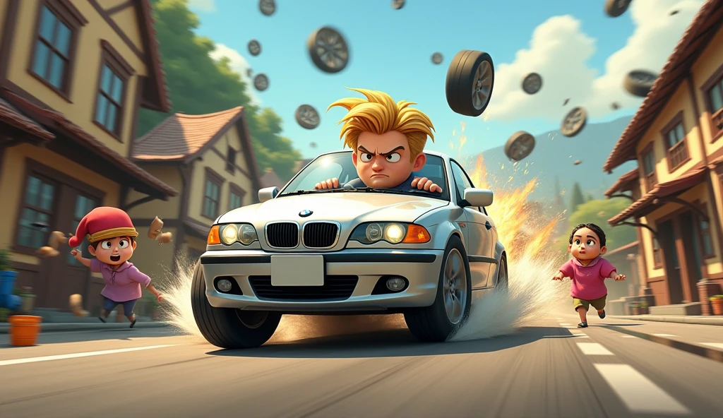 In the style of caricature 3D animation films. Villagers flee in panic from car wheels flying through the air and a speeding silver BMW E46 Compact. The vehicle is driven by an aggressive looking young man with short blond hair.