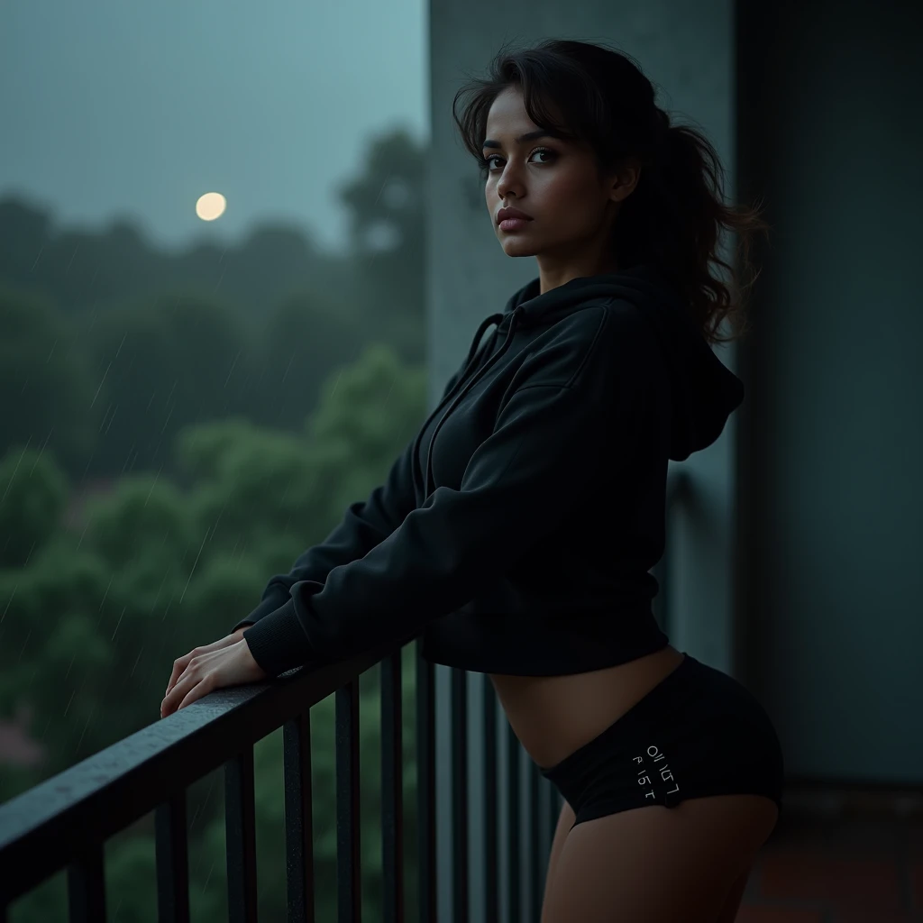 best quality,4k,8k,highres,masterpiece:1.2),ultra-detailed,(realistic,photorealistic,photo-realistic:1.37),srilankan 25 year old girl, with attractive facial features,beautiful detailed eyes,beautiful detailed lips,extremely detailed eyes and face,longeyelashes, fair skin tone. big breasts. wearing a black hoodie and black shorts, rainy day, dark atmosphere, posing elegantly for an instagram picture. standing on her room balcony while its raining. both hands holding the balcony fence, she's admiring the rain
