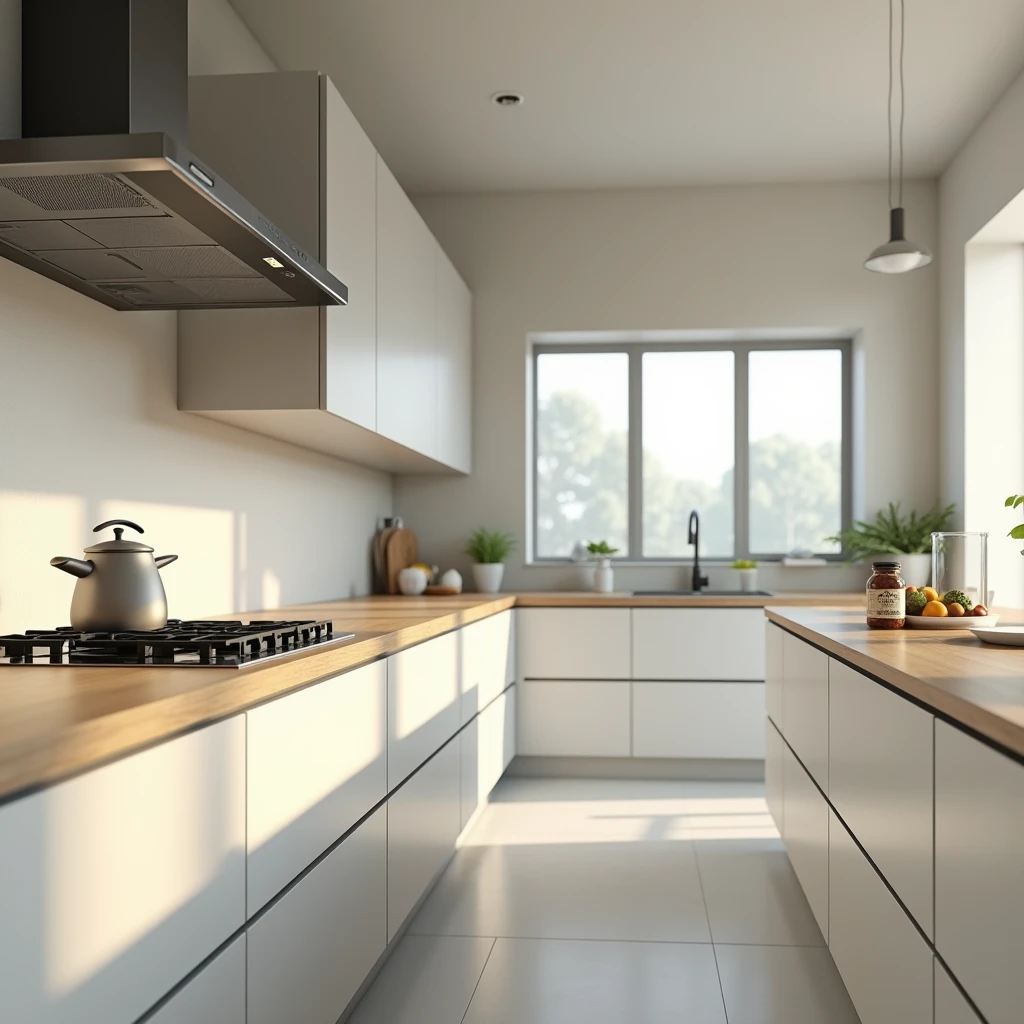 (photorealism:1.2), one side of modern kitchen with no dinning tables and chair, small windows, bottle of ingredient in kitchen set.
