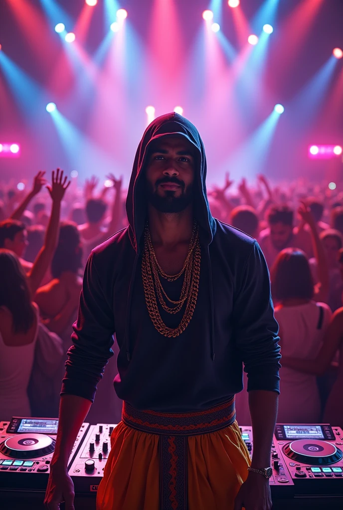 A man who has a dj operator bihind him so many people dancing and lights he wears dancing costumes with chain on neck with a hoody with wearing shirt and mundu