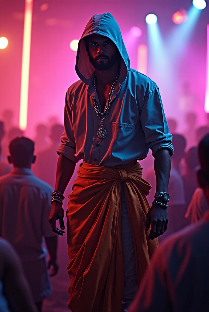 A man who has a dj operator bihind him so many people dancing and lights he wears dancing costumes with chain on neck with a hoody with wearing shirt and mundu