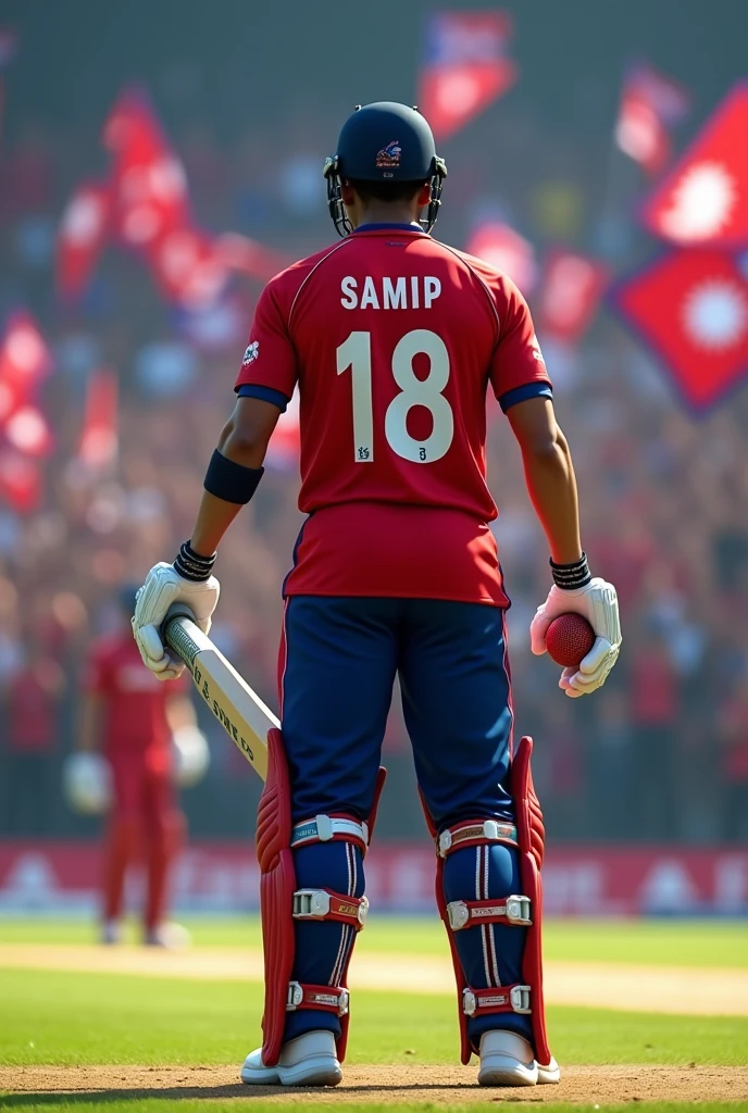 Samip with gercy no 18 standing in cricket pitches with nepali cricket jersey carrying a cricket ball bowlling a batsman and background of nepali croud carrying national flag 