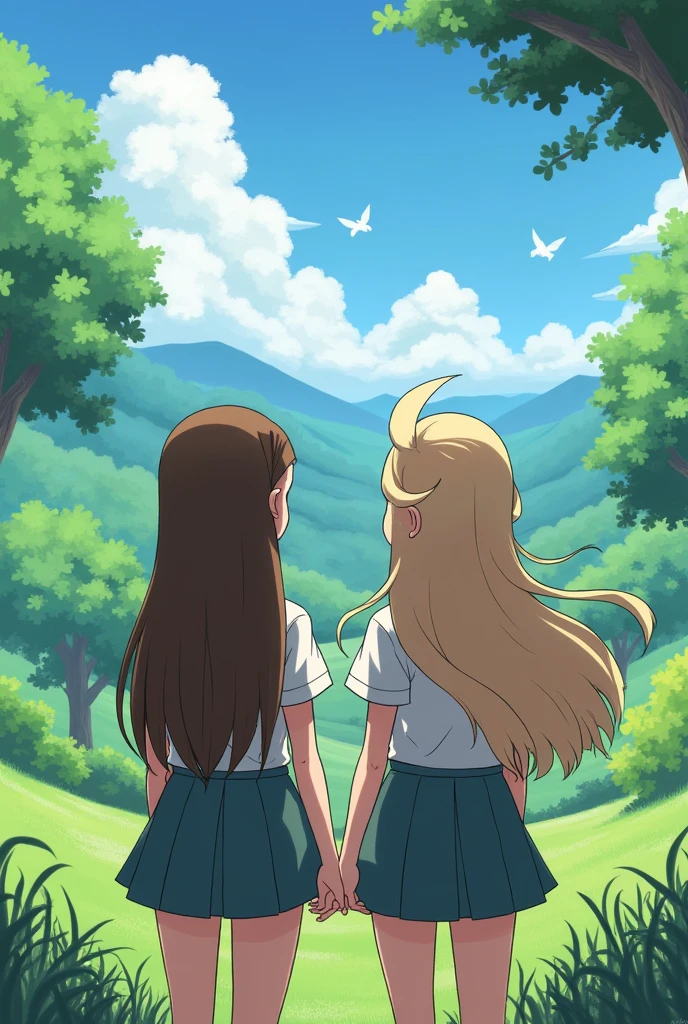 A pokemon landscape with two pretty girls, a straight brunette and a white-haired girl with brown hair and curls, both are the same height, both have long, loose hair, they are facing away from each other so their faces cannot be seen, they are wearing outfits inspired by the world of pokemon