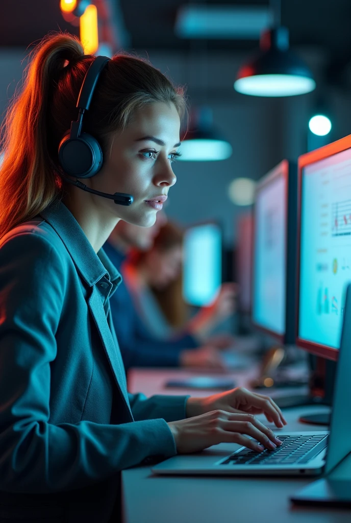 A photographic close-up of a female tech support agent, focused on her work, typing on a sleek laptop. She is illuminated by the soft glow of multiple monitors displaying real-time marketing data. The background shows a bustling tech office with colleagues collaborating in the distance. Neon lighting gives the scene a high-tech feel. Created Using: macro lens, ambient office lighting, neon light accents, contemporary tech office setup, high contrast, detailed facial expression, cutting-edge tech atmosphere, high-resolution, HD quality, vivid style