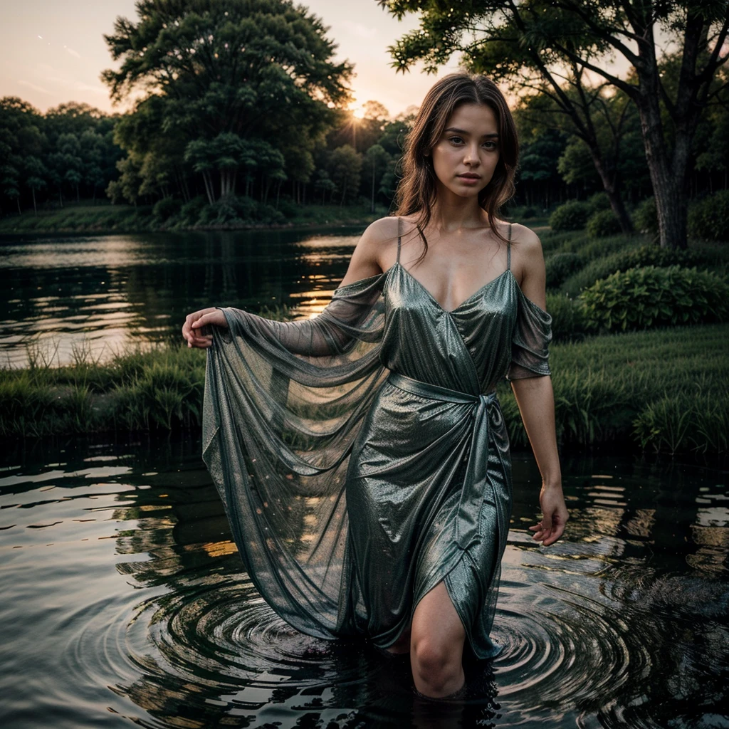 A 35-year-old woman standing confidently in an elegant evening gown on the edge of a serene lake during twilight. She gazes thoughtfully across the water, with the soft glow of the moon reflecting on the lake's surface. Her pose is graceful, with one hand gently resting on her waist and the other lightly touching her neck, highlighting her refined beauty. The camera captures her from a slightly elevated angle, emphasizing her silhouette against the tranquil water. The background features tall, shadowy trees, delicate ripples on the lake, and faint stars beginning to appear in the deepening sky. Photographed with an 85mm lens, the image merges her elegance with the peaceful ambiance of nature. High details, high quality, textured skin, anatomically correct.
