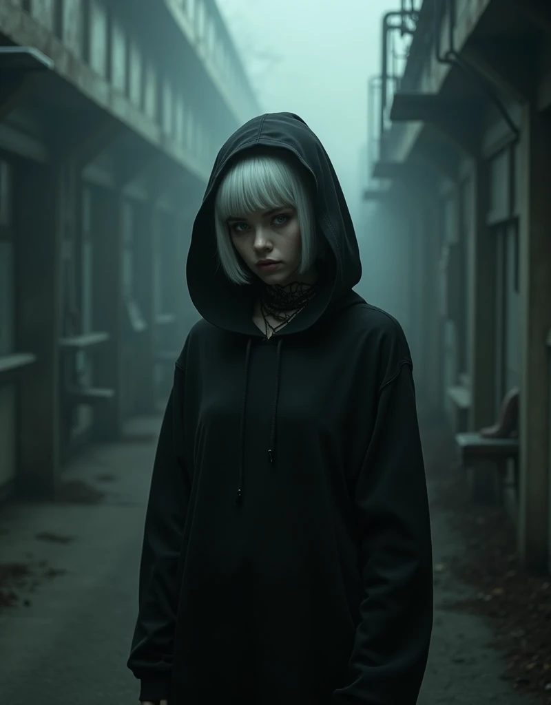(Best Quality,hight resolution,Masterpiece, full body view:1.2),Ultra-detailed,demon woman with horns,dressed in black hoodie,sickly,standing in a horror sci fi scenario,horror sci fi aesthetic,gloomy ecstasy,fetish,dark gloomy atmosphere,gritty texture,Retro-atmosphere,warped reality,melancholic expression on his face,mysterious aura,foggy atmosphere,foggy background,Subtle color palette,provocative pose,Strong emotions,Coming Out of the Depths of Despair,Piercing gaze,intense shadows,Plunged in Darkness,dark industrial aesthetic,ominous vibe,A supernatural sensation,Loss of Place in Time and Space,Eerie silence.asymmetrical bangs, white short hair, Bangs, gray eyes,