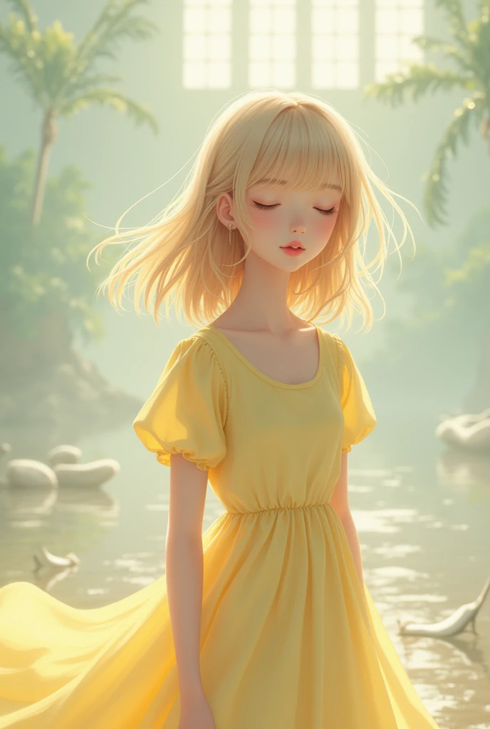 A -year-olrl sts with her eyes closed, exuding a serene and peaceful aura. Her straight blond hair frames her face softly, and she wears a light yellow dress with round, puffy sleeves that enhance her delicate, youthful appearance. The soft fabric of her dress and her tranquil pose suggest a moment of calm and introspection, as if she’s savoring a gentle breeze or a cherished memory.