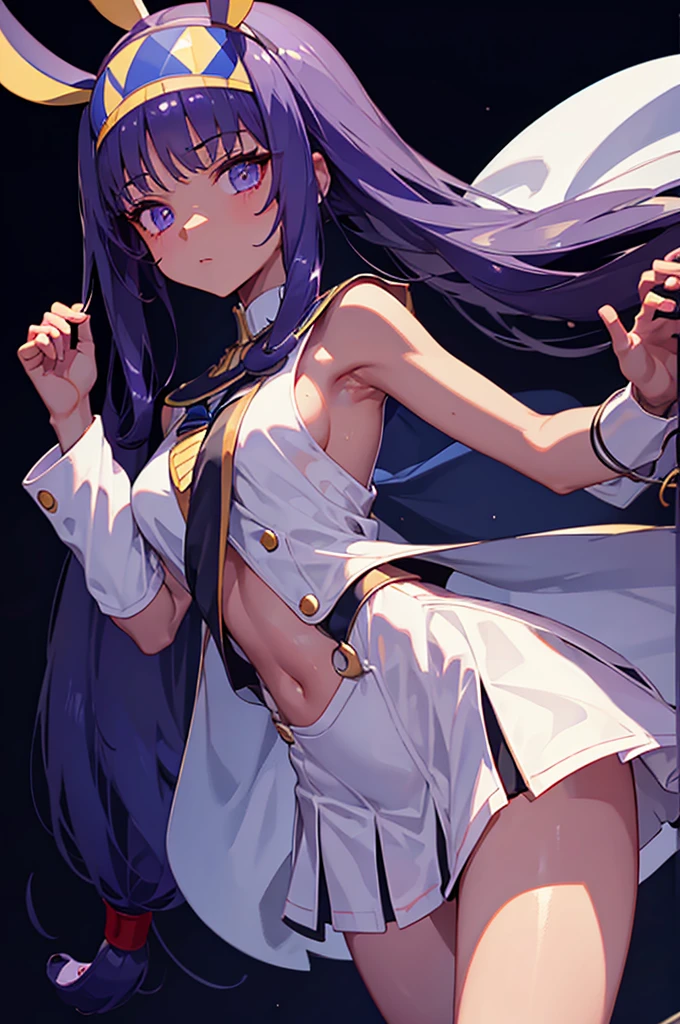 Black background with spotlight,　White jacket uniform、White mini skirt、Nitocris, beautiful girl、Raise your arm and show your armpit.