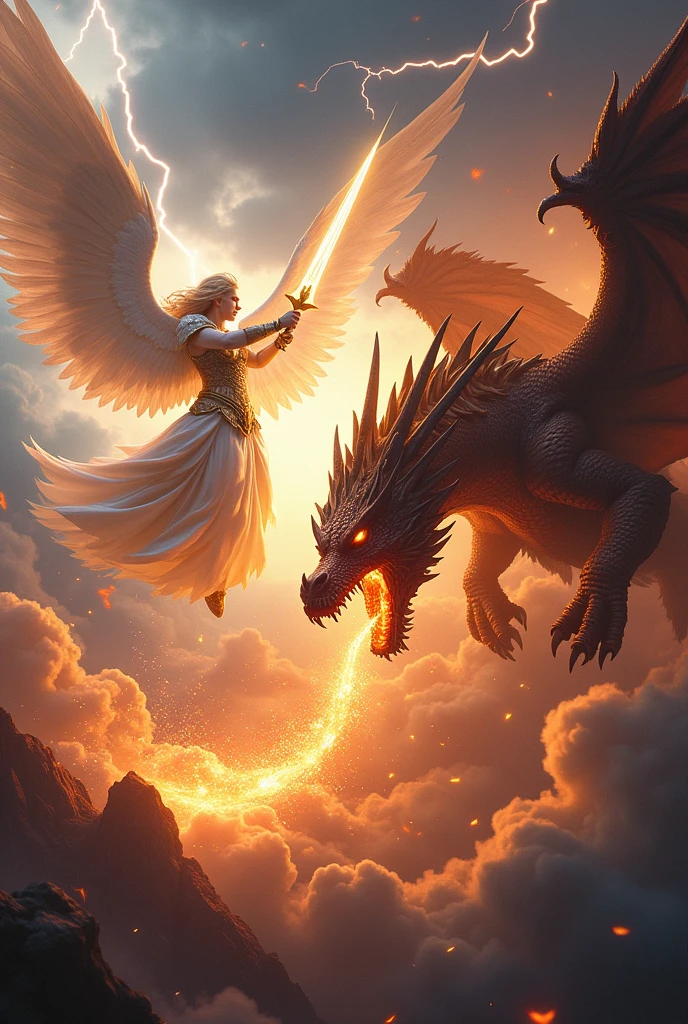 Battle between an archangel with a sword and a dragon 