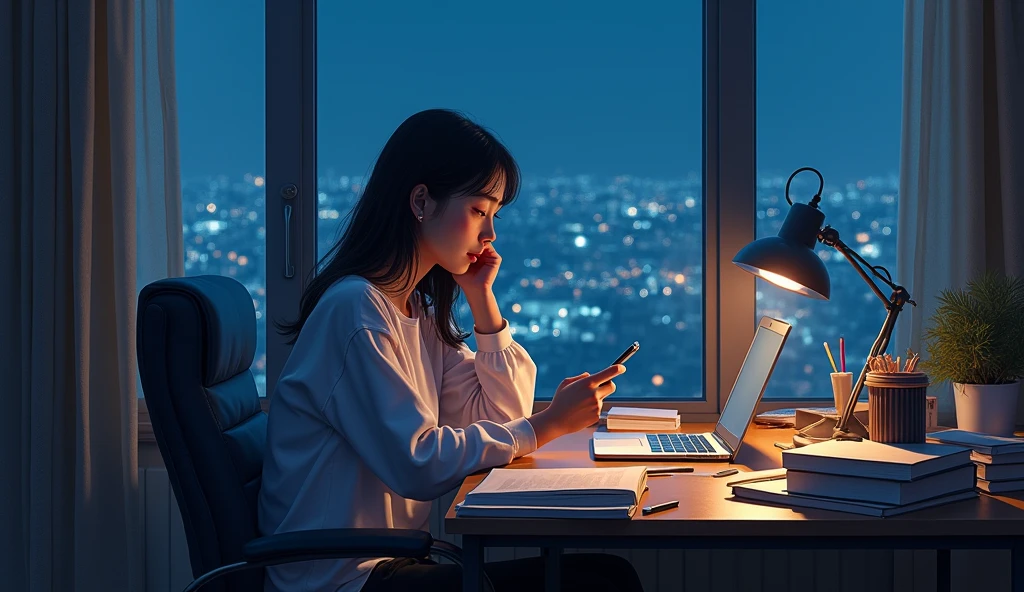 A stunning oil painting of a young beautiful Korean woman using her phone, beautifully portrayed with a lost and melancholic expression. In the soft glow of a study lamp, a she sits in her comfortable chair, surrounded by the organized chaos of study materials. Her desk is cluttered with open books, a laptop, and a mobile phone, each item a tool in her quest for knowledge. The window beside her at a distance, reveals the deep blue of night time, with the city lights faintly glimmering in the distance. The room is bathed in a warm, focused light that contrasts with the cool darkness outside, creating a serene, studious atmosphere., adding to the sense of unease. The painting exhibits a dream-like, impressionistic style, with visible brushstrokes that create a sense of depth and texture. The color palette primarily consists of deep purples, greys, and blacks, evoking a depressive atmosphere. side view