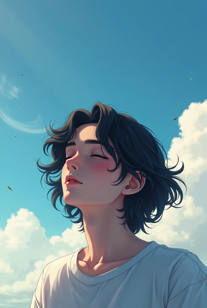 Create an image of a teenager looking at the sky with his eyes closed with wavy black hair 