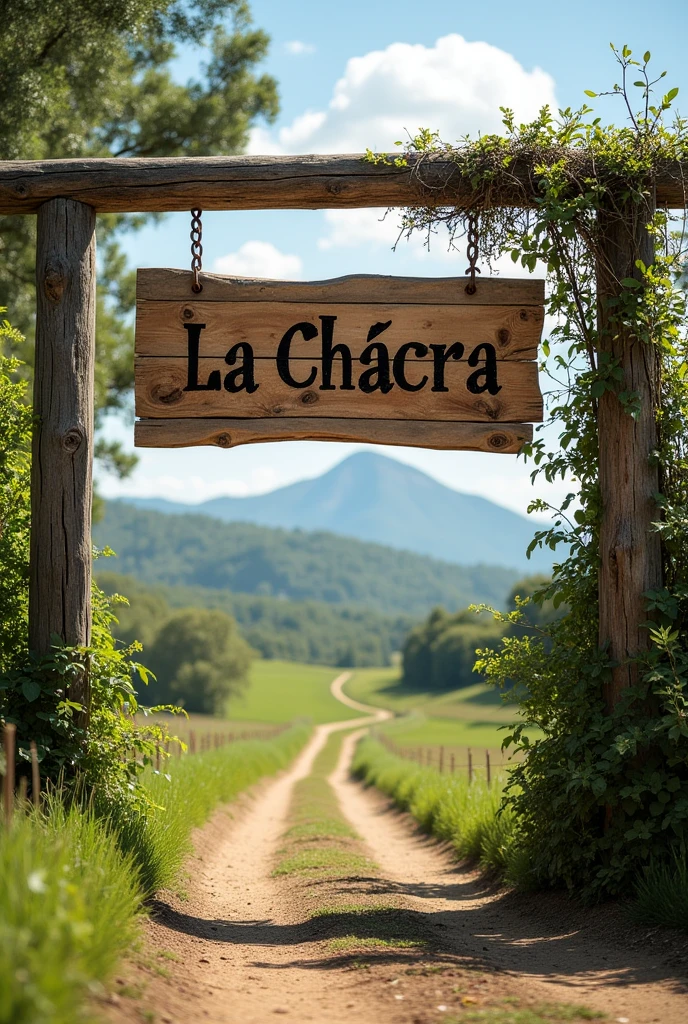 Wooden farm entrance sign that says La Chacra