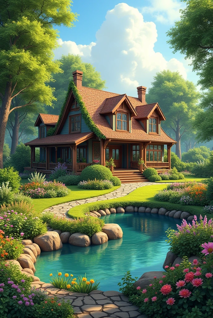 Dream house with flower garden, kitchen garden, fruit garden, pond and tree house