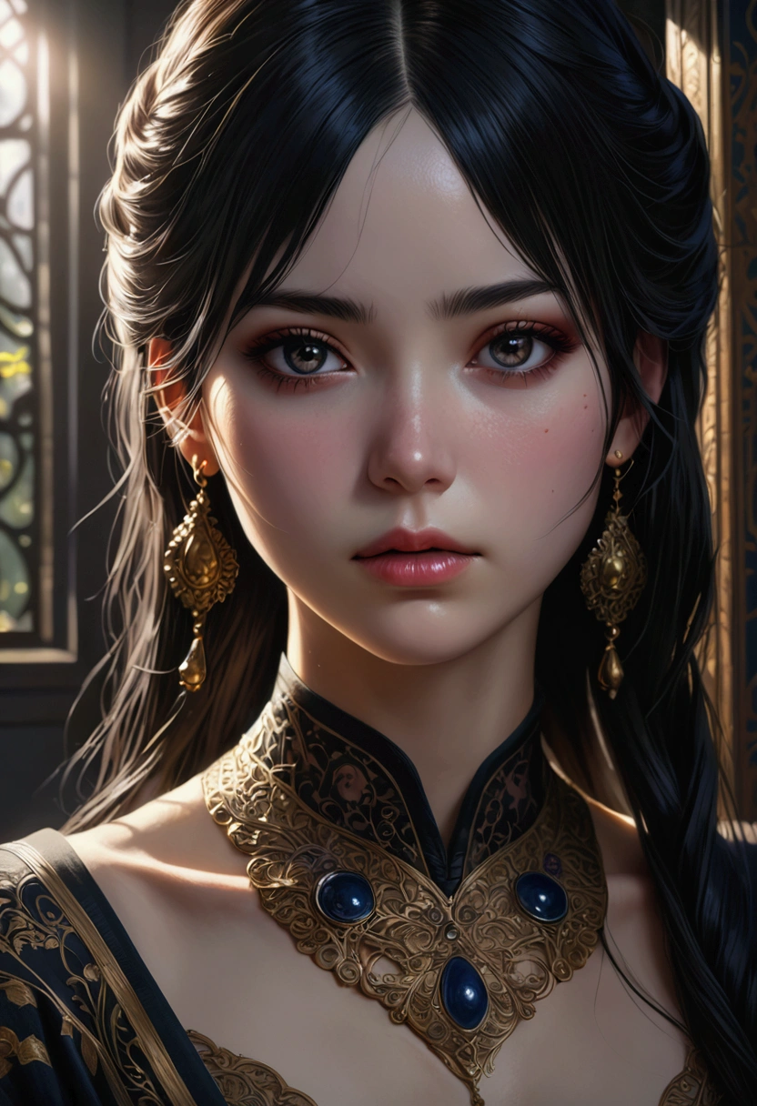 a beautiful anime girl, long black hair, black eyes, fair skin, detailed facial features, highly detailed, intricate hair strands, delicate skin, soft lighting, dramatic colors, cinematic composition, digital painting, photorealistic, 8k, masterpiece, (best quality,4k,8k,highres,masterpiece:1.2),ultra-detailed,(realistic,photorealistic,photo-realistic:1.37)