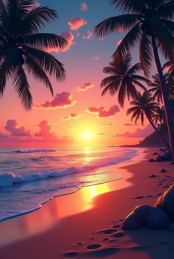 A cover photo of The animated sunset on a beach 
