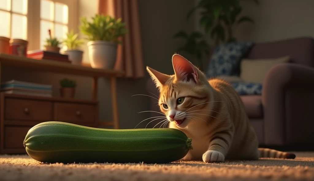 room, evening, a cat tries to bite a huge zucchini