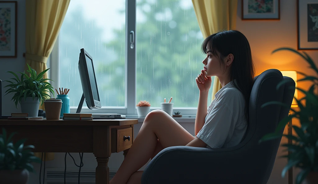 a girl sitting on a chair and lying down with a computer on the desk and looking out the window at the falling rain