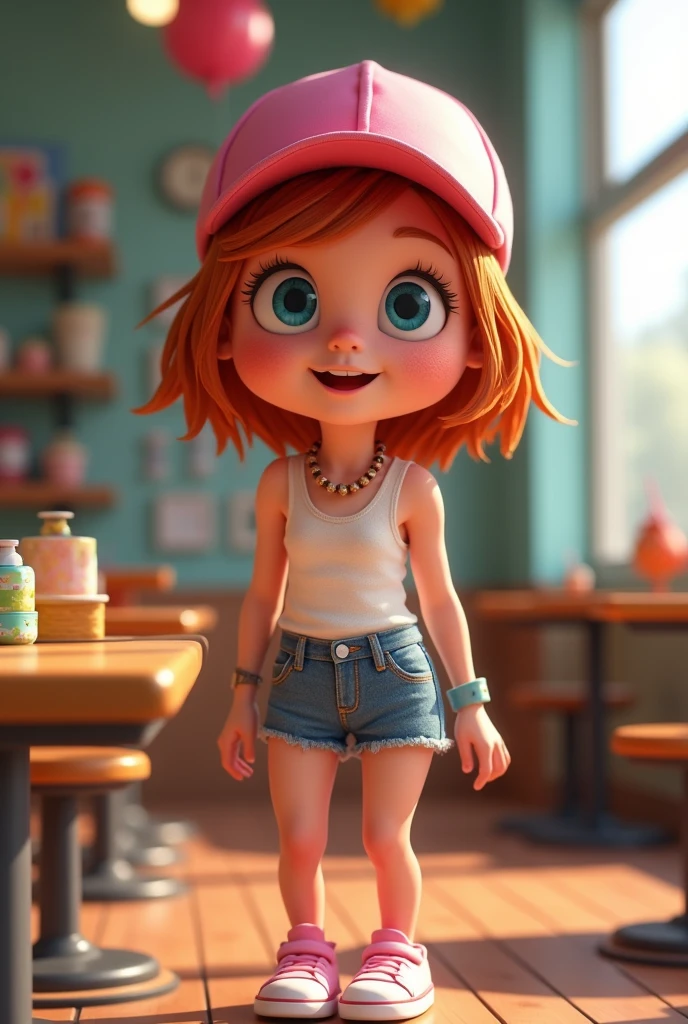 (skinny, cute, freckled, tanned, redhead, tiny girl Lv 9), bob cut hairstyle, blue eyes, flat chest, small perky butt, piercings, beaded necklace, pink cap, white tank top, denim shorts, pink sneakers, excited smile, sitting at a table in a cafeteria, 3D Pixar cartoon style, cinematic, dramatic, masterpiece, dynamic view, full body,