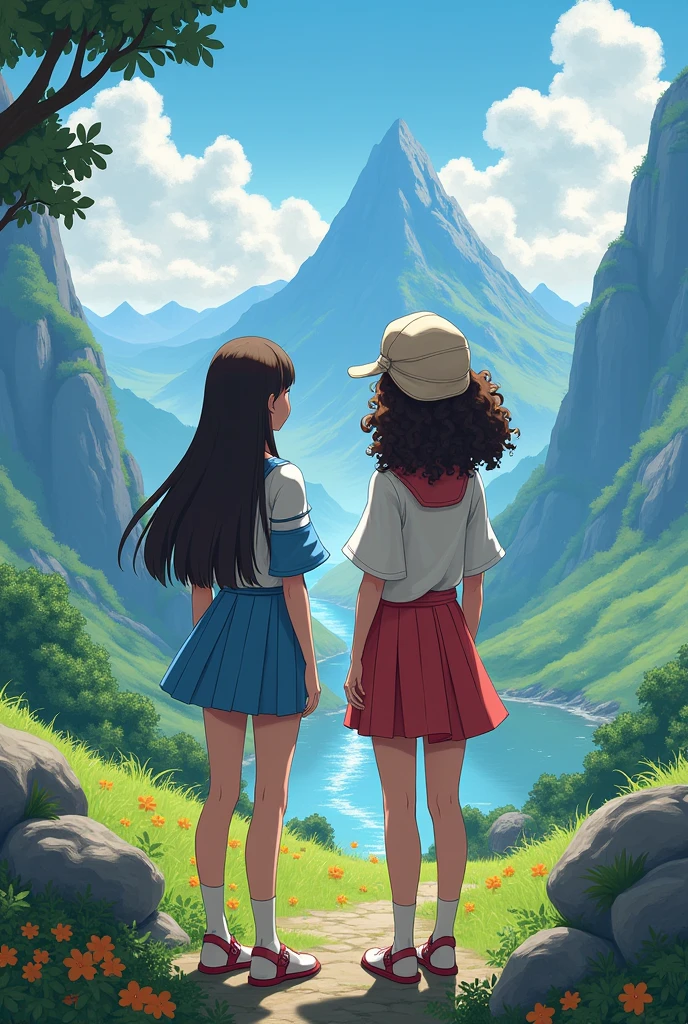 A pokemon landscape with two pretty girls, a straight brunette and a white-haired girl with brown hair and curls, both are the same height, both have long, loose hair, they are facing away from each other so their faces cannot be seen, they wear outfits inspired by the world of pokemon, the white girl has curls 