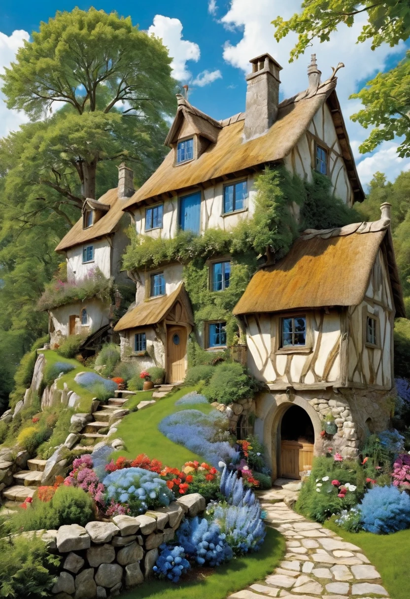 Vibrant, detailed digital painting of a whimsical, multi-story house perched on a rocky cliff. The house features a mix of wooden and stone elements, with steep, red-tiled roofs and multiple chimneys. The structure is surrounded by lush greenery, including trees, bushes, and colorful flowers, creating a lively and enchanting atmosphere. The sky is filled with fluffy, white clouds against a bright blue backdrop, adding to the overall cheerful and magical feel of the scene. The painting is rich in color and texture, with intricate details that bring the fantasy setting to life.