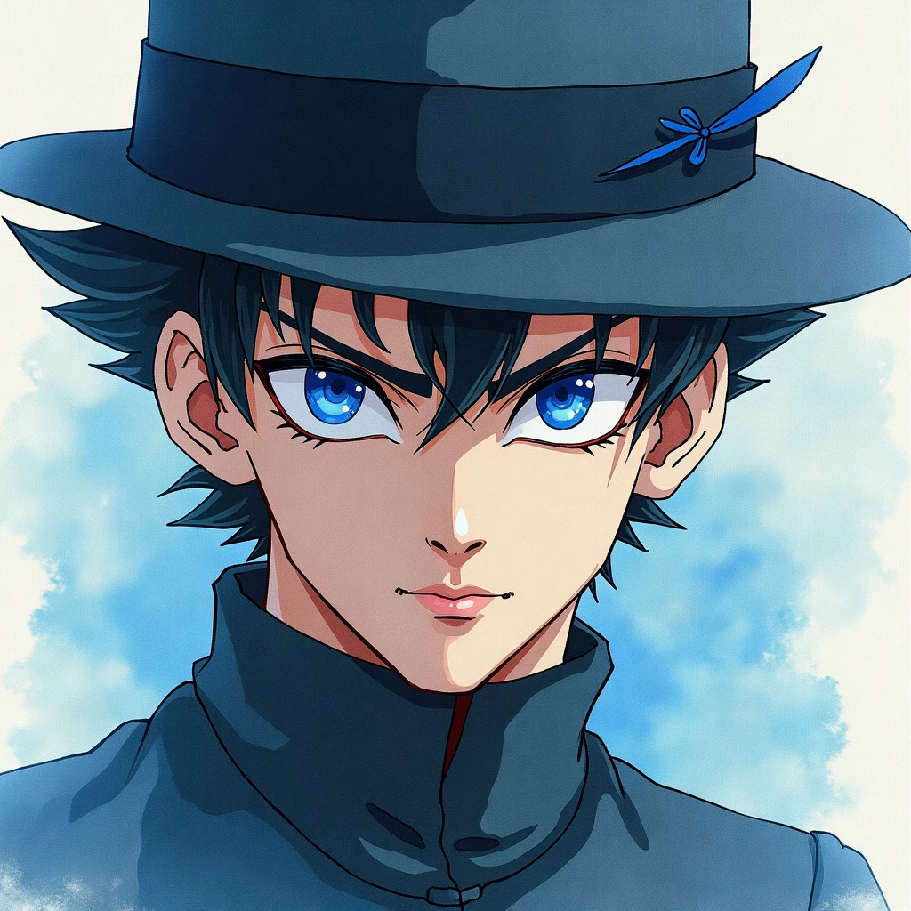 (jotaro kujo) in the style of hirohiko araki,zoomed in on face, focused on face, blue highlights,looking ahead at viewer, water colour, sleeved, aristocratic youth, jojos bizarre adventure 
