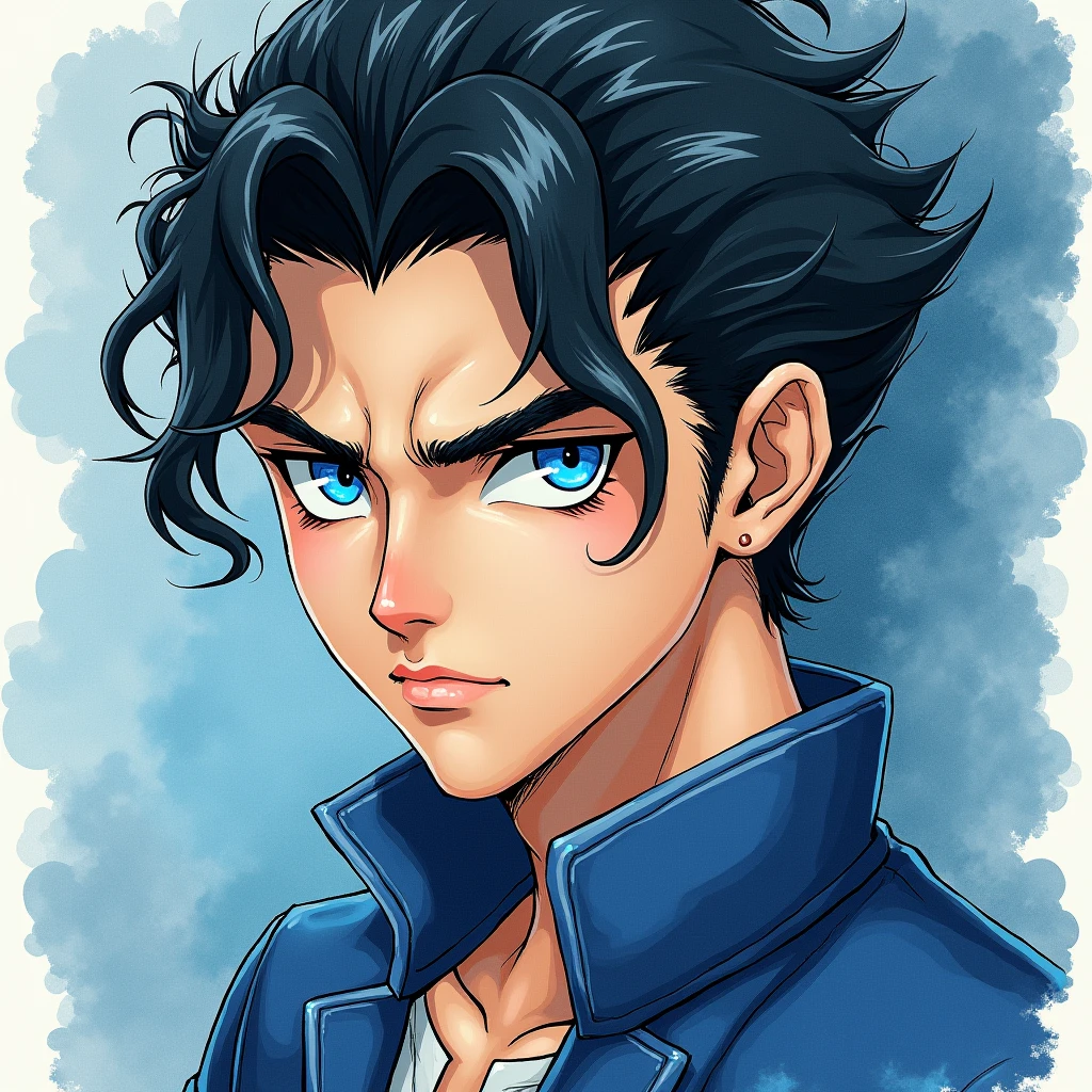 (jotaro kujo) in the style of hirohiko araki,zoomed in on face, focused on face, blue highlights,looking ahead at viewer, water colour, sleeved, aristocratic youth, jojos bizarre adventure