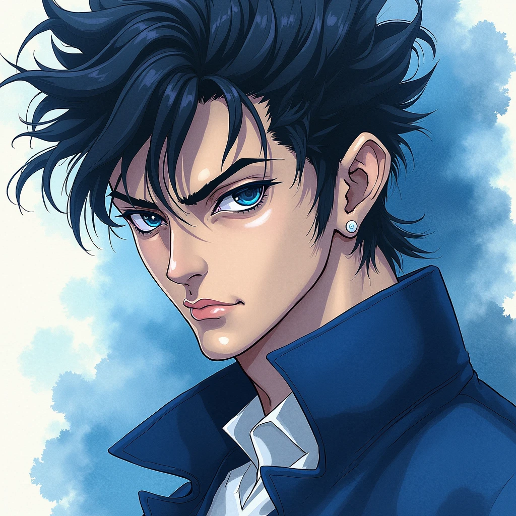 (jotaro kujo) in the style of hirohiko araki,zoomed in on face, focused on face, blue highlights,looking ahead at viewer, water colour, sleeved, aristocratic youth, jojos bizarre adventure
