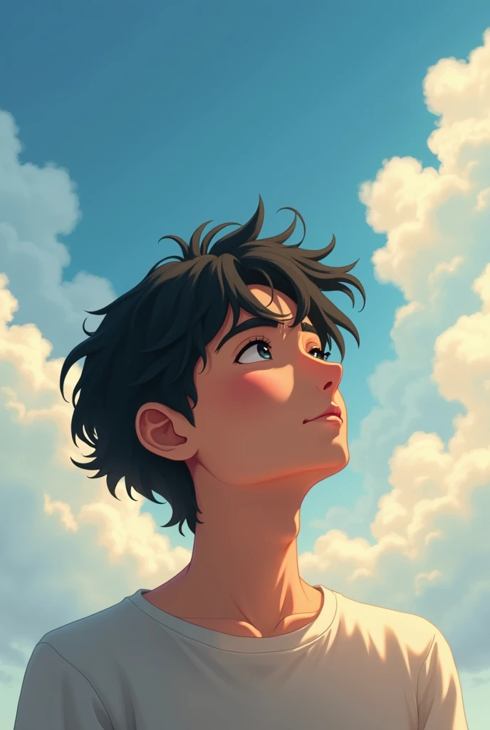 Create an image of a teenager looking at the sky with his eyes closed. With wavy black hair, more masculine.