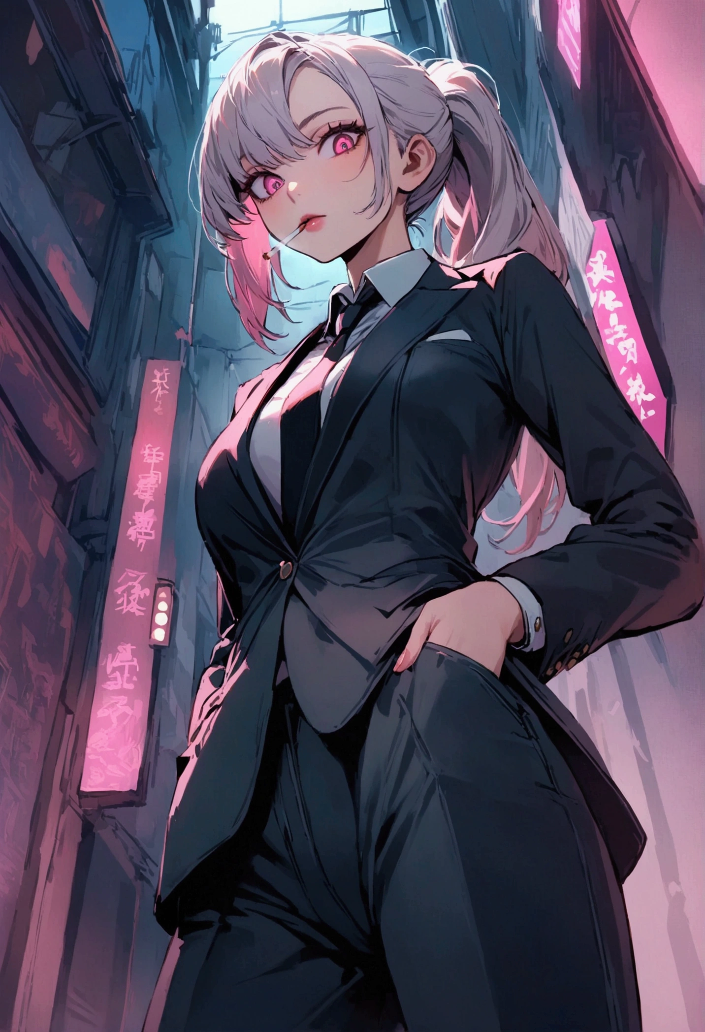 a woman in a suit, looking down at viewer with sharp eyes, she is smoking a cigarette, hands are in the trouser pocket, beautiful, pink eyes, white long ponytail hair, low angle view