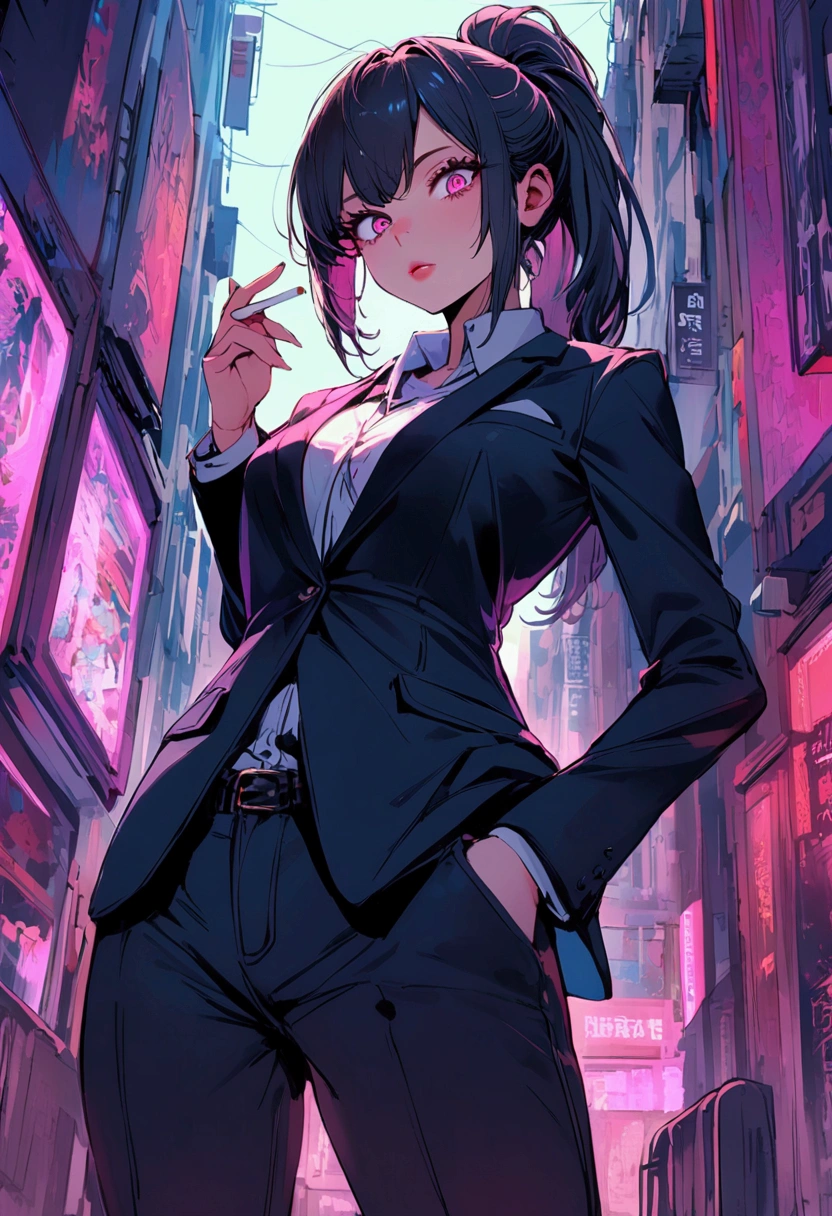 a woman in a suit, looking down at viewer with sharp eyes, she is smoking a cigarette, hands are in the trouser pocket, beautiful, pink eyes, white long ponytail hair, side view