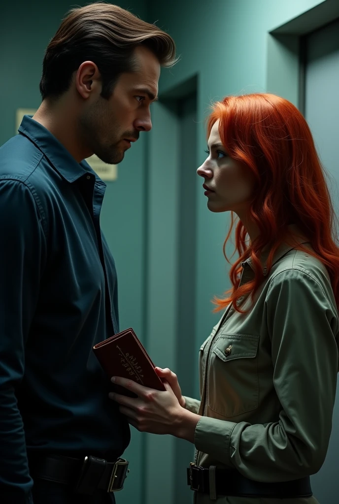 Tall man, dark brown hair, asymmetrical face, large lips, dark shaped eyes, wearing typical police investigator clothes , looking at a red haired woman with blue eyes holding a diary in her hands ( interrogation room scene) Realistic footage 