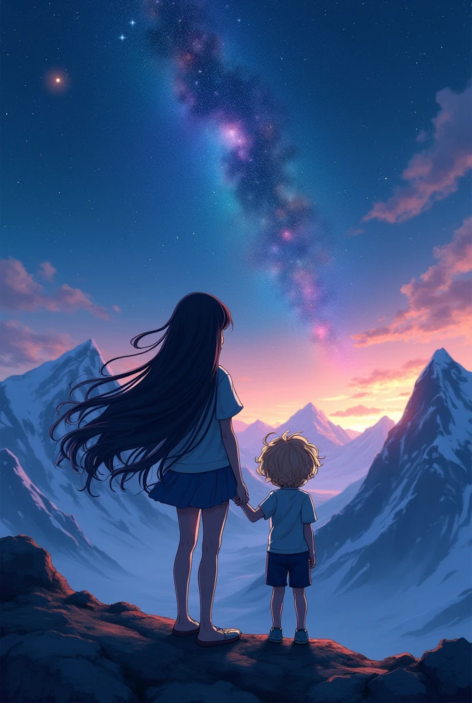 A girl with long black hair and bangs from behind with her 3-year-old son with blond hair and a little voluminous hair from behind, both are on a mountain watching the moon with the sky full of colorful stars, photo realist.