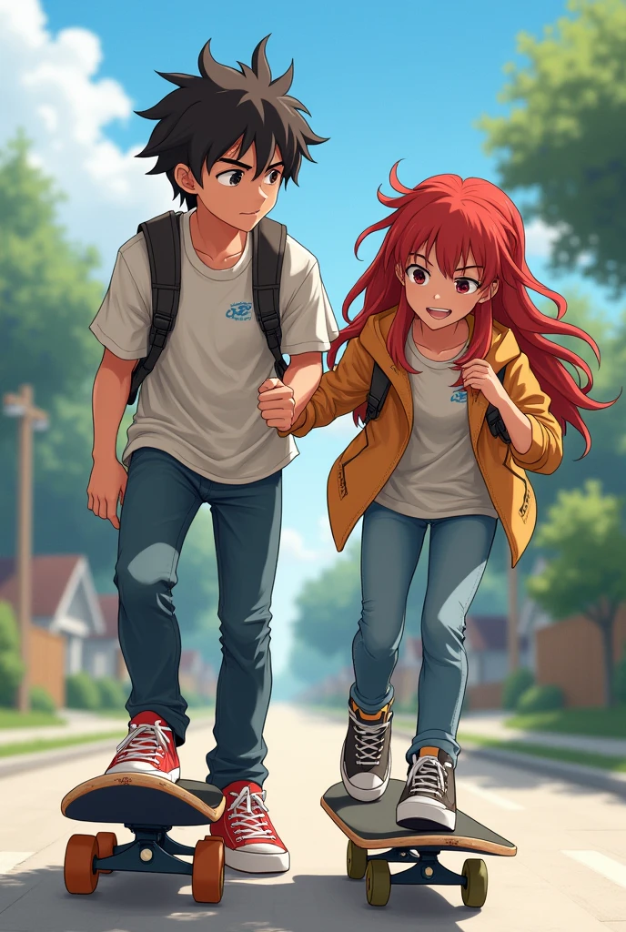 Dark-haired white boy carrying a brown-haired white girl on a skateboard and red-haired white boy carrying a brown-haired white girl 