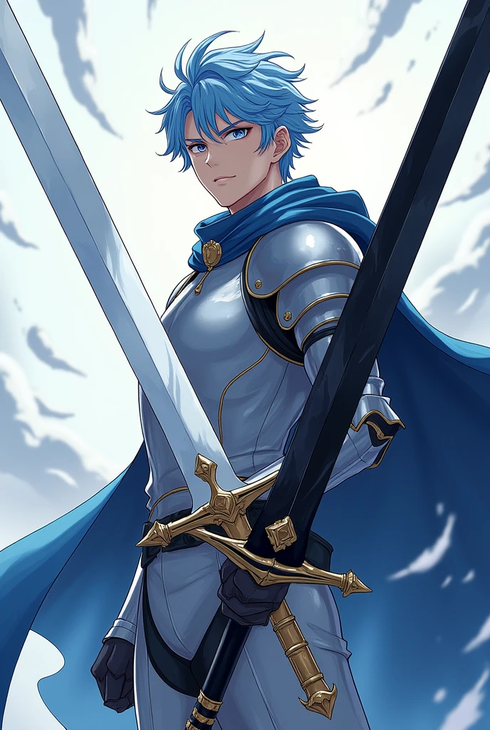 Anime character, a male human with light blue hair. He is a brave knight. His weapons are two holy swords. The first one is a pure white sword with a light aura. The second one is a pitch-black sword with a dark aura. He slashes forward.
