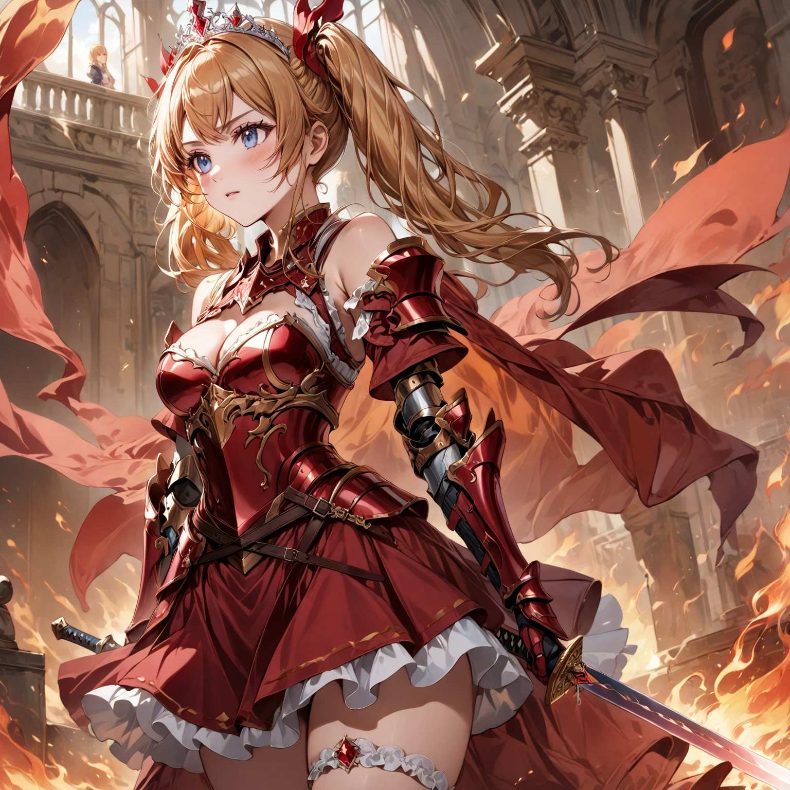 score_9_up, score_9, score_8_up, score_7_up, source_anime,masterpiece, best quality, high resolution, extremely detailed CG, absurdres, highres, 1girl, a female knight in metal armor, skirt, frills, holding the sword of flame, red_outfit, cropped shoulders armor, off-shoulders, plate armor, armor dress,gauntlets, Blonde hair,twintails, long hair, blue_eyes, ruby tiara,cleavage, thighs, thighs armor, weapeon, ((sword of flame)), fire arounded