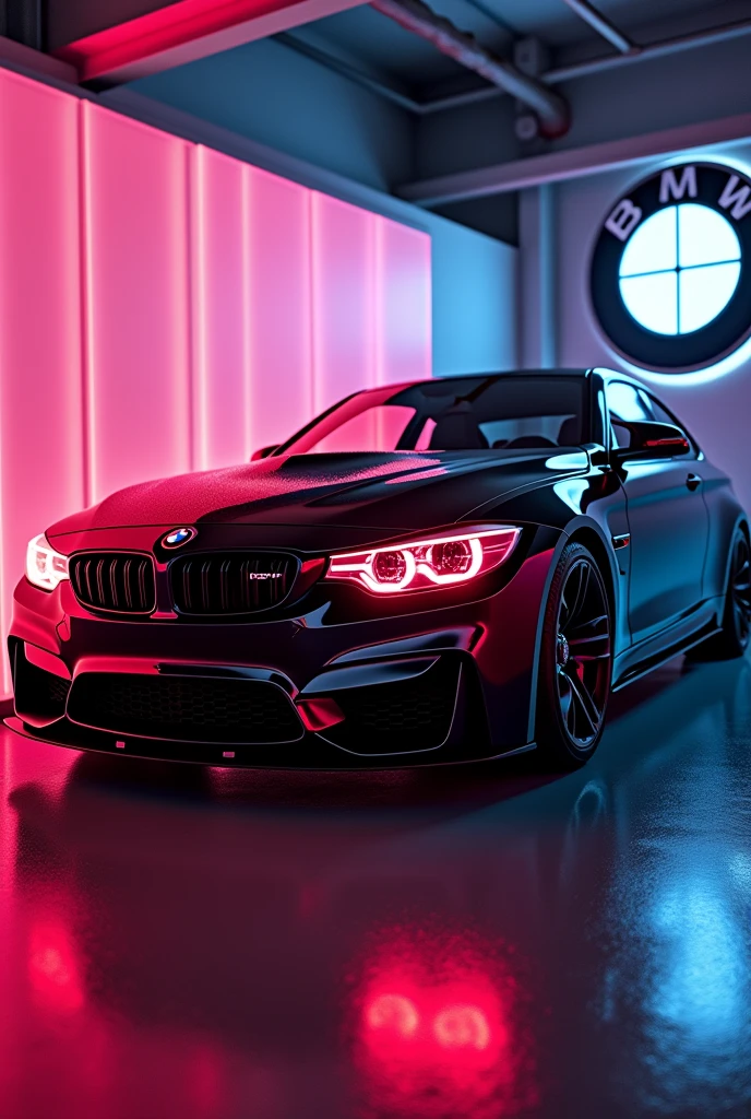 A BMW m4 , black neon colour, on garage, on car a name Purvesh , garage colour is neon, headlight colour red, BMW logo in background, 