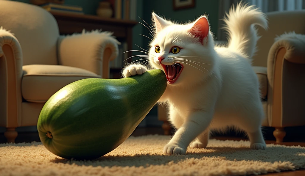 room, evening, white cat attacks and tries to bite a huge zucchini