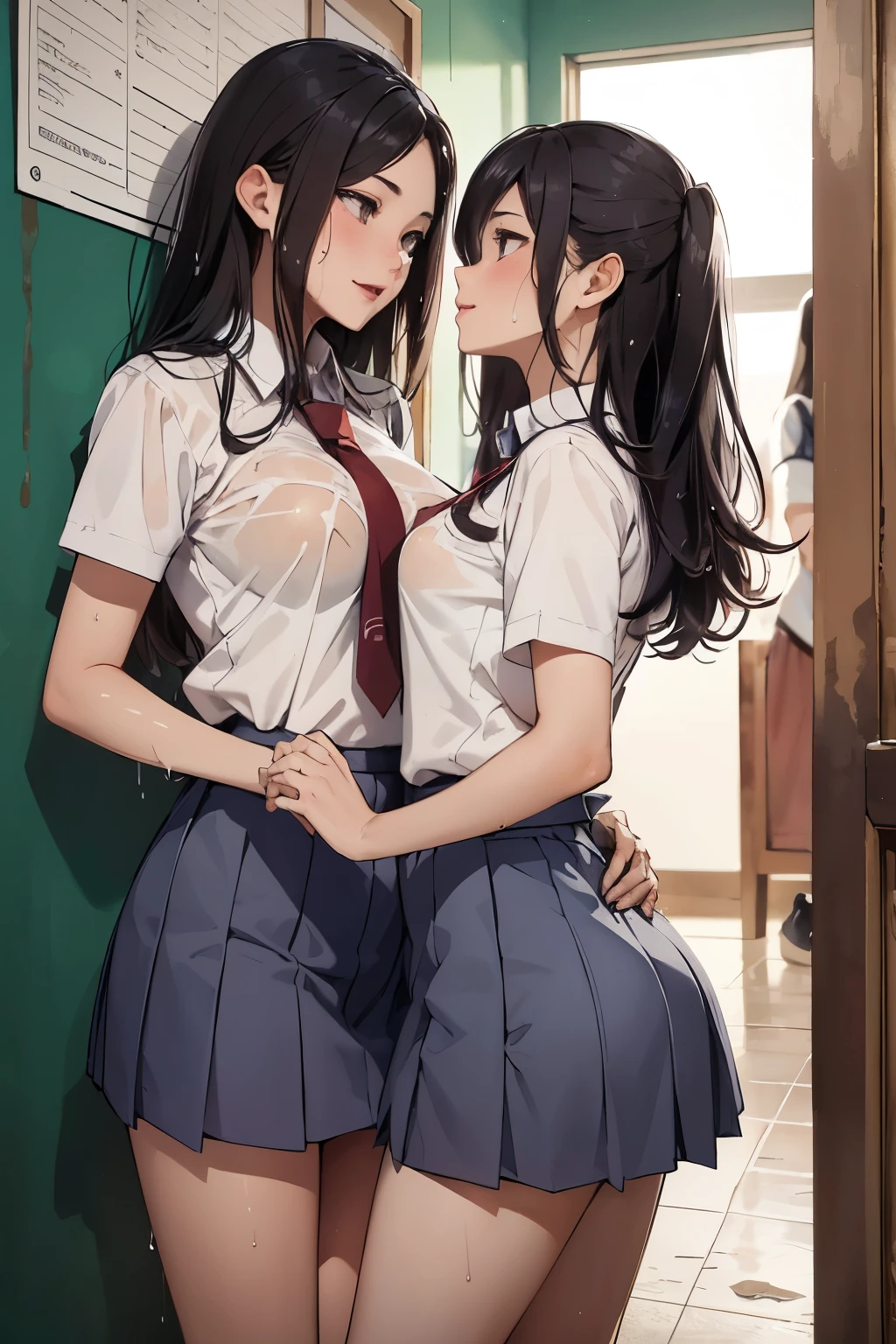 ((Highest quality)), ((masterpiece)), (detailed), 2  (Indonesian high school uniform), Two people are deep kissing, Very intimate, Exciting, Sweating all over the body, Wet, Skirt rolled up, Exposed panties、Face to Happy Ah、Vibe、rubbing、See-through、Knee socks