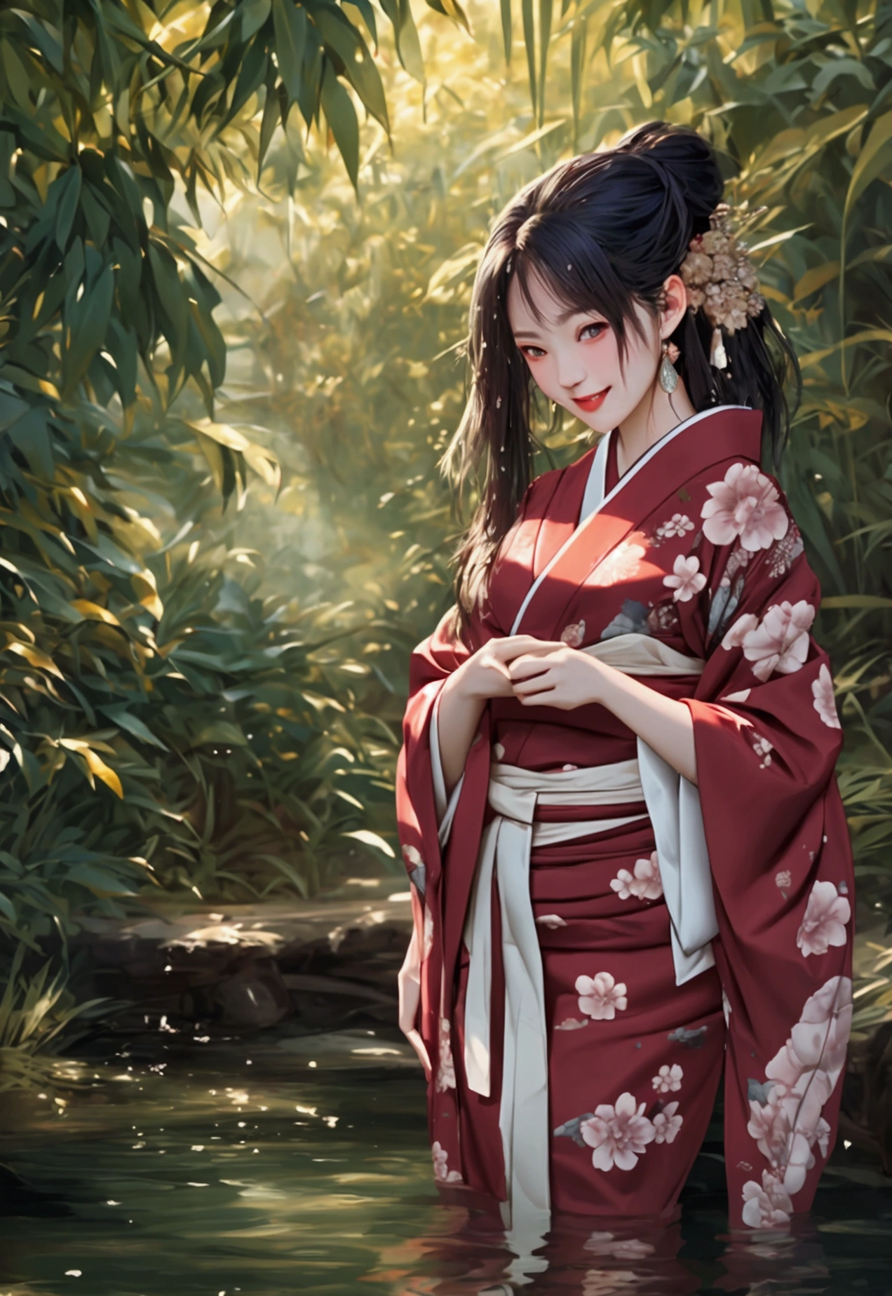 A woman in a beautiful kimono, standing in a lake up to her waist　She is laughing with a provocative expression, brushing her wet hair back　Nature　A wild, primeval forest　Highest quality　8ｋ　Beautiful eyes rendered with incredible detail　Portrait
