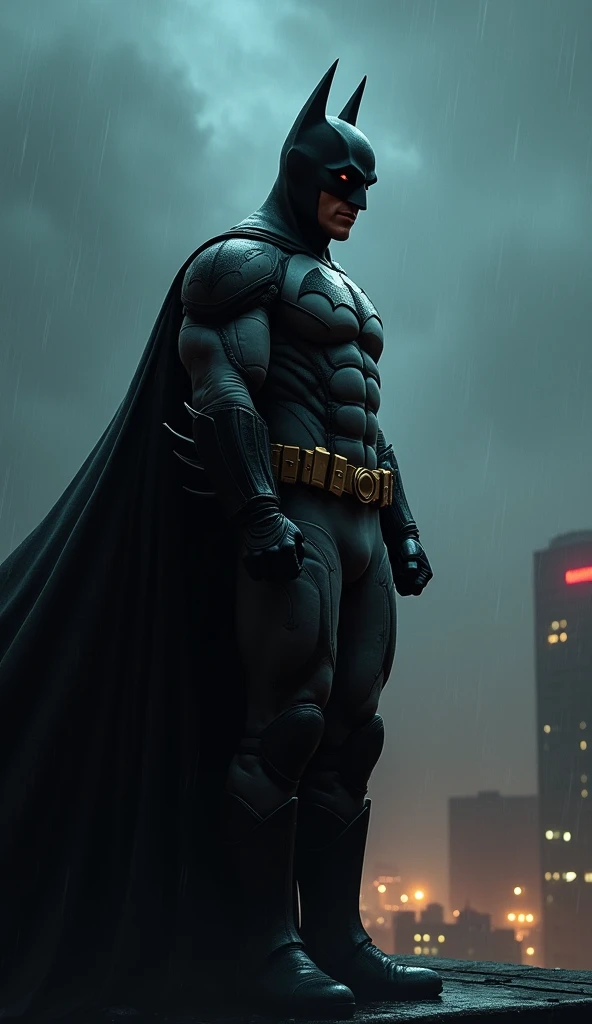 Batman stands on a rooftop in the heart of Gotham City, his cape billowing in the wind against the backdrop of a stormy night. The city lights below flicker through the misty rain, casting a somber glow on his dark, armored suit. His face, shadowed by the cowl, reveals only his piercing eyes, filled with a deep, unwavering resolve. The Bat-symbol on his chest gleams softly, a beacon of hope amidst the darkness. The scene is charged with a profound sense of solitude and dedication, capturing Batman’s enduring commitment to protect his city despite the personal sacrifices he endures.