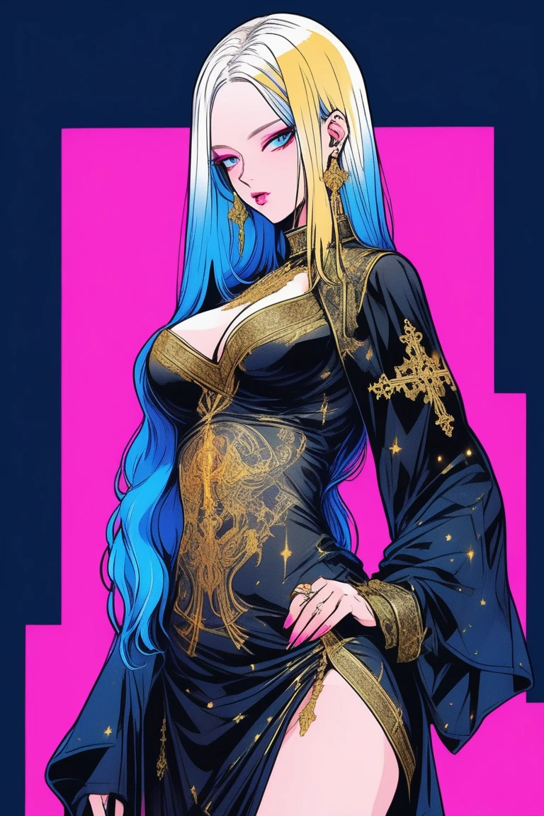 Illustrator, anime , Realistic ,sketch , 1 person, model, Age 25, lip, Sexy and revealing black and gold sheer priest dress（Holy Gun）, order, Blue and pink gradient background, Neon Hair, Big Breasts, Her cleavage is visible, look back, Upper body close-up, Sexy look, Texture Trim, Russia, (masterpiece,Highest quality)
