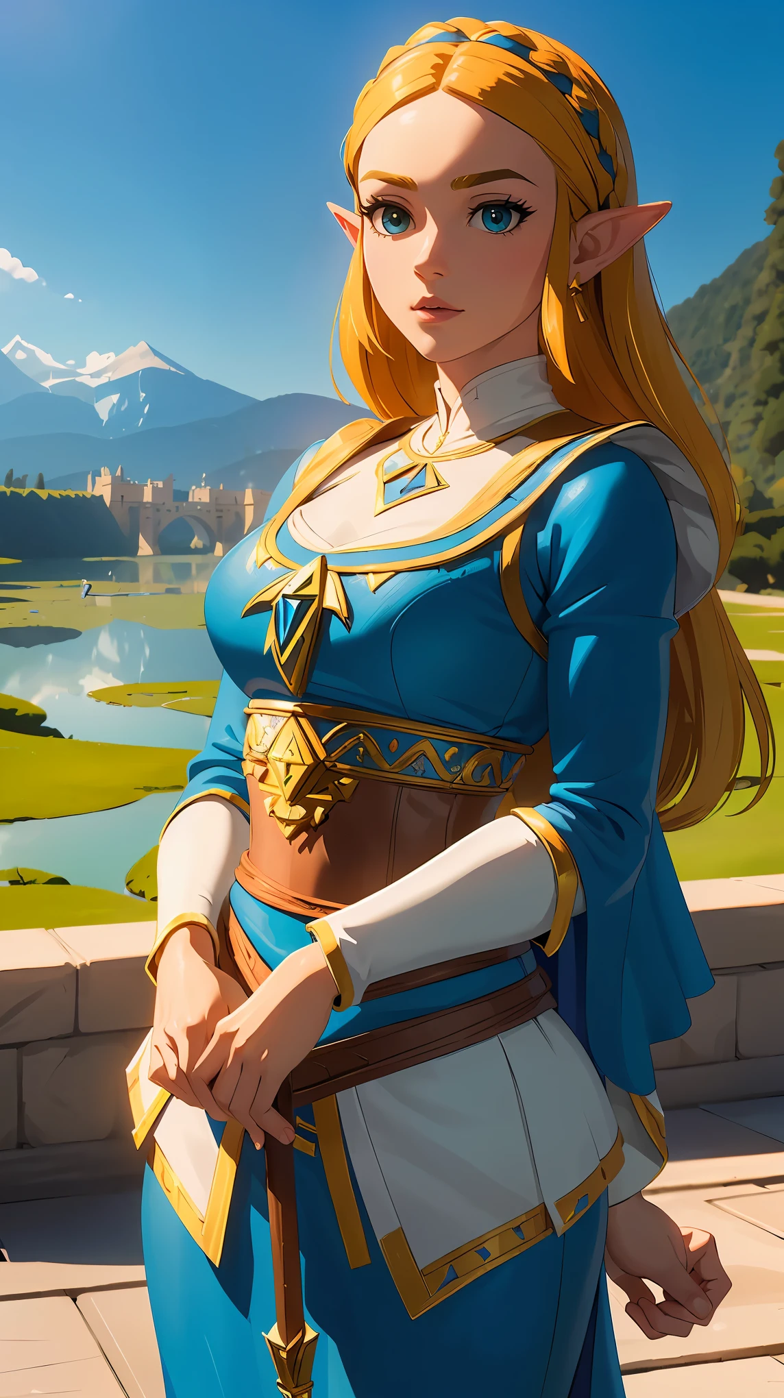 role play style, AS-YoungerV2 DollieNobodySD15 Medieval Princess Cyan Dress, meticulously made, Gorgeous, Adventurer's cape, (blonde hair, top ponytail:1.1), Standing in the tall flower field, canopy overhead (Takayama:1.1), clear sky, (masterpiece:1.3) (best quality) (detailed) (8k) (human development report) (Cinema lighting) (sharp focus) (complex) (intense action scene, Dutch Cape, Foreshortening, motion blur, Blurred foreground:1.3)