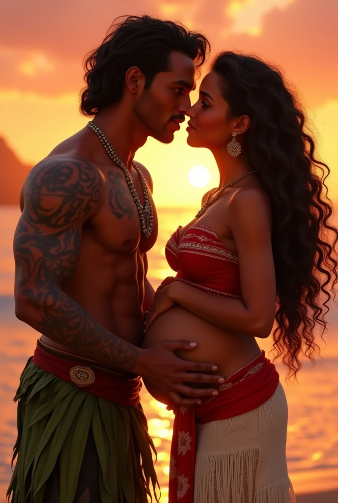 A picture of Moana, young and beautiful, hyper realistic, real portrait, backlit, exquisite features, cleavage, sunset, pregnant, she is kissing the demigod Maui