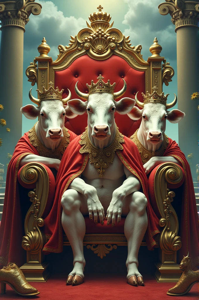 3 cows sitting on a throne wearing crown with fany clothing