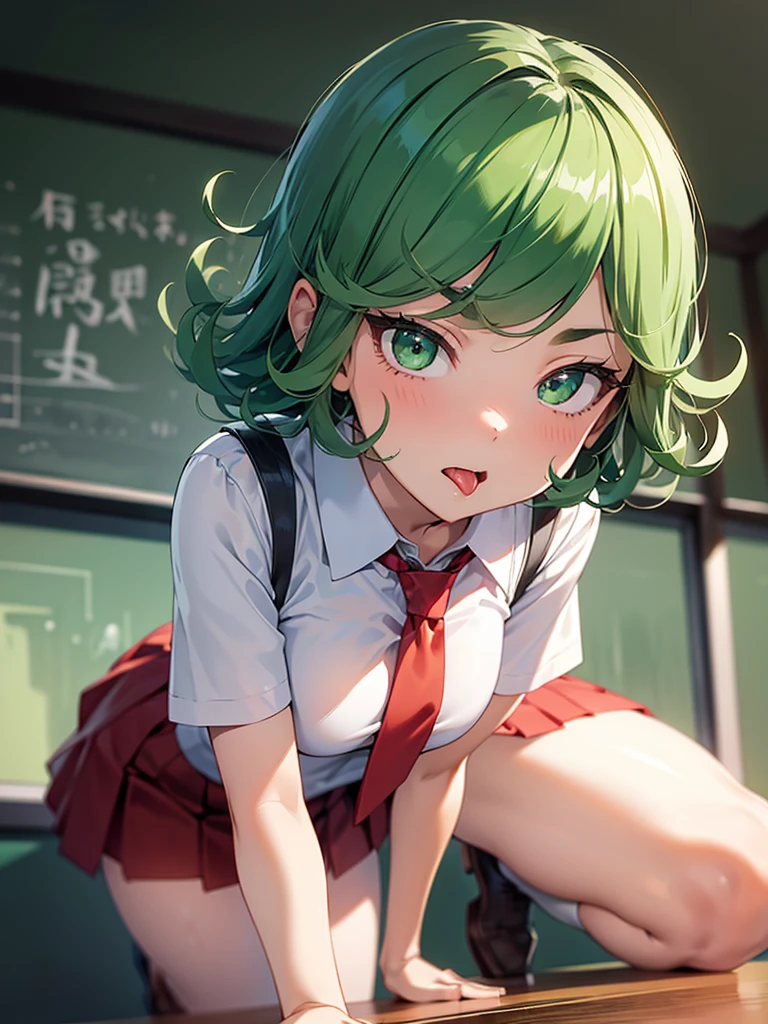 (high res, 8K, masterpiece, looking at viewer, best quality, very aesthetic, ultra detailed, ultra background, ultra Eyes) intricate details, 1girl, Tatsumaki, short sleeved white shirt, red short skirt, Pockets on the left chest, red tie, green short hair, green eyes, Masturbation, Ahegao Face, Cheeks Flushed, mouth open, Biting the condom, Profuse squirts discharge in the vagina, Straddling,Background Classroom, School, Cinematic Angle