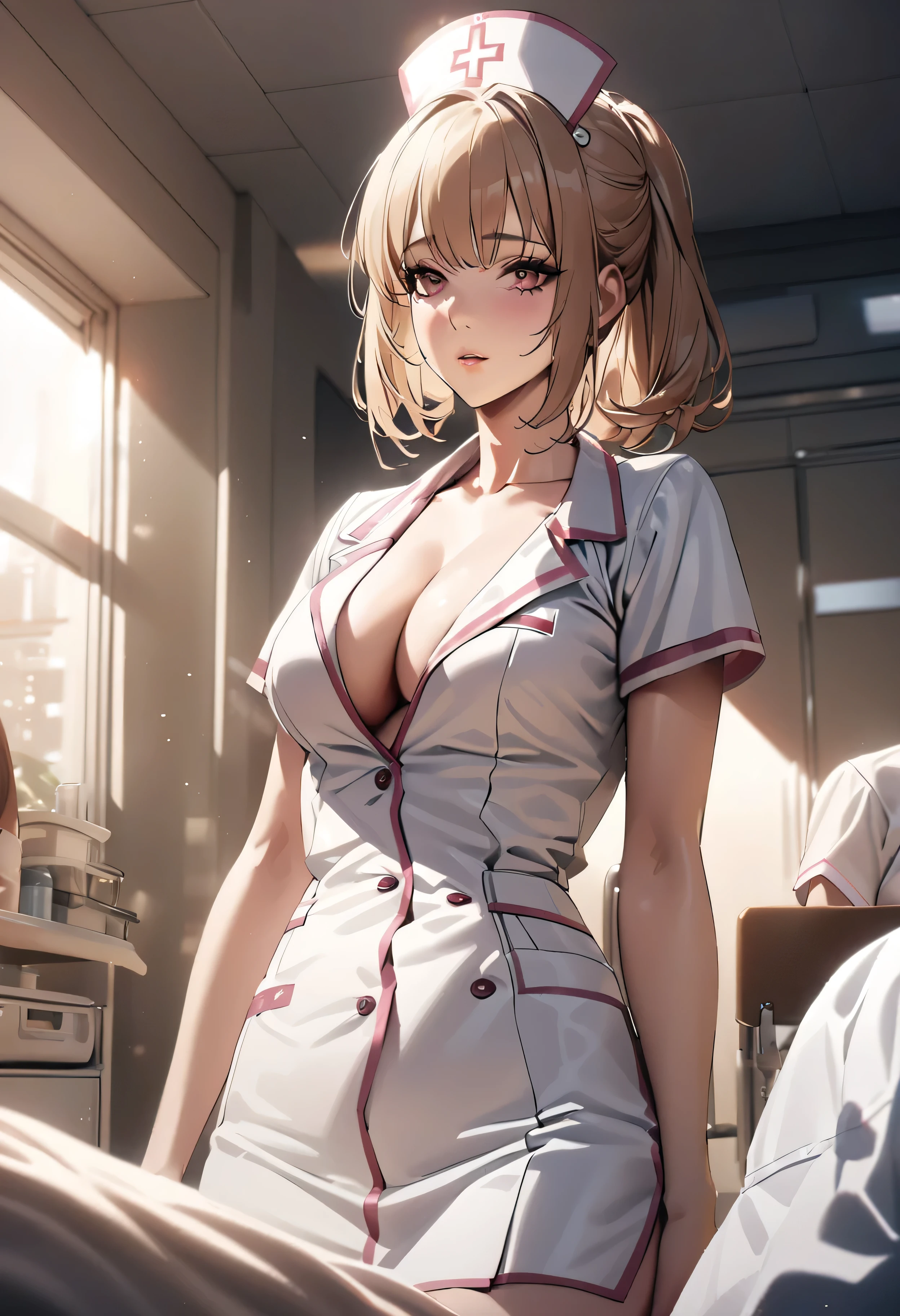 A beautiful ???? nurse, cleavage, extremely detailed, photorealistic, at a hospital, with patients, ???? sitting pose, Syringe, soft lighting, warm colors, intricate details, masterpiece, cinematic composition, high quality, 8k