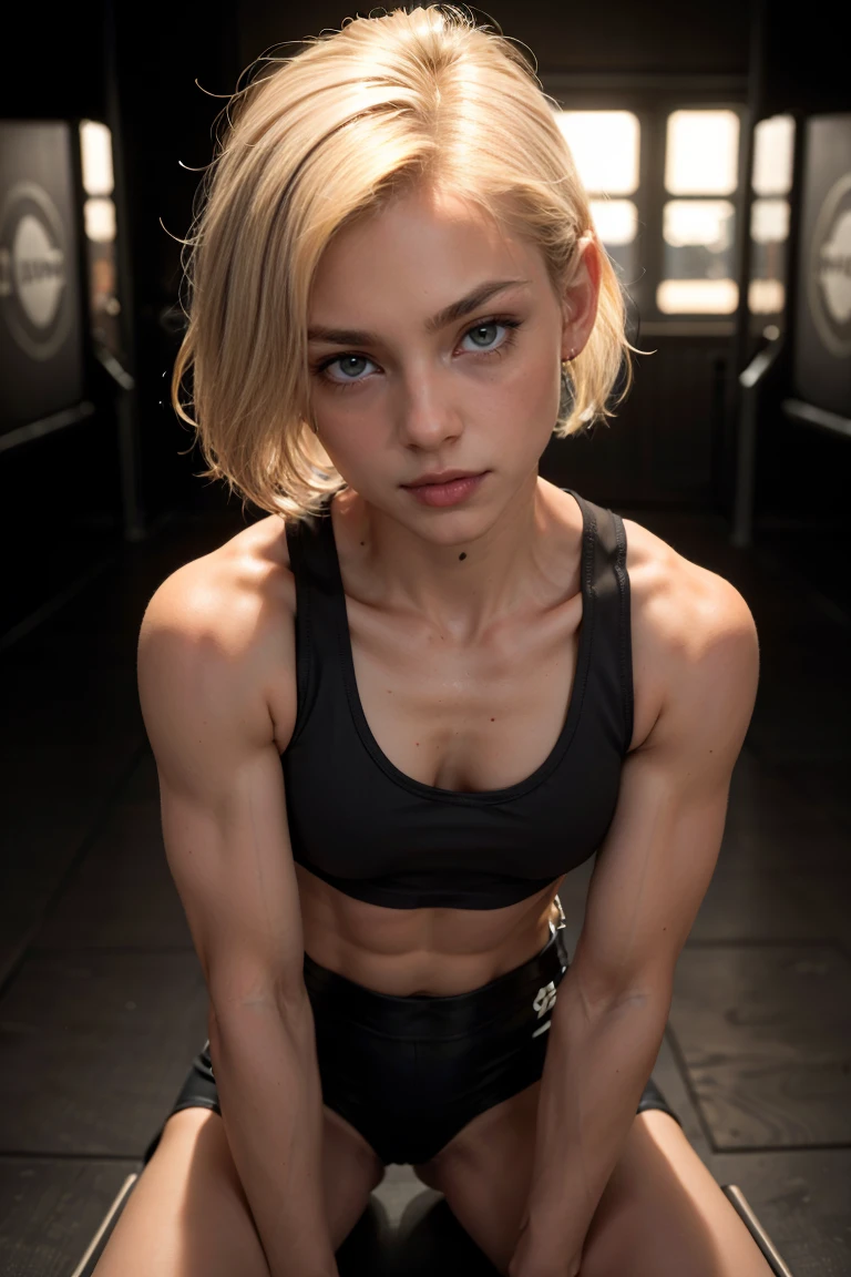 (muscular:1.1), blonde woman, bokeh, (parts:0.8), top view of the body, bokeh, detailed eyes, (athletic body:1.0), (muscled body:1.3), (looking at the viewer) (voluminous:1.1), (arrogant), Dark studio, edge lighting, Two tone lighting, dimly lit, low key (detailed skin), very excited, sexual, down on my knees, mma fighting ring, Masturbating, ORGASM, neck, very big breasts, (small cropped tank top:1.5), hardened nipples, oiled skin, bob cut, covered in someone else's blood, bloody, scene of violence, she is my champion, with a tattoo that says DIANA on the arm