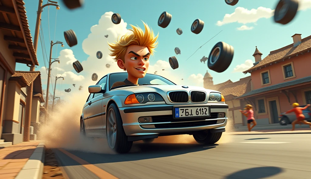 In the style of caricature 3D animation films. Villagers flee in panic from car wheels flying through the air and a speeding silver BMW E46 Compact. The vehicle is driven by an aggressive looking young man with short blond hair.